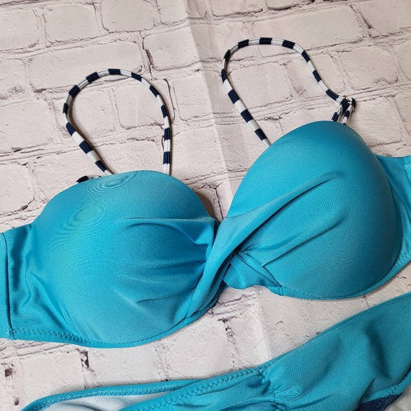 Turquoise Navy Blue Stripe Bikini - Cheeky Bottoms - Push-Up Cups - Size L - Picture 2 of 12